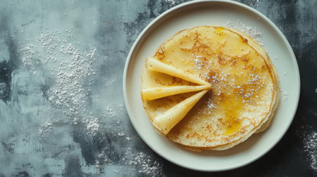 A beautifully arranged plate of thin crepes drizzled with syrup and garnished with fruit slices, perfect for breakfast or dessert in a cozy setting.の素材