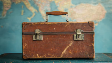 A nostalgic vintage leather briefcase resting on a wooden surface, with a world map in the background, capturing the essence of adventure and timeless travel memories.の素材