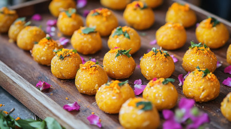 A captivating display of colorful Indian sweets arranged elegantly on a wooden platter, garnished with rose petals, creating an inviting atmosphere for festive celebrations.の素材