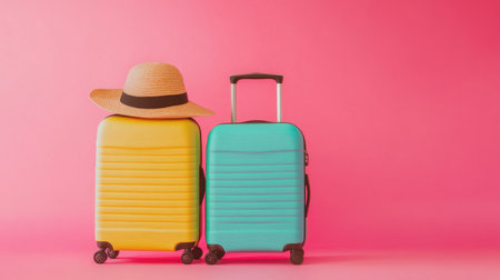 Bright and colorful suitcases accompanied by a sun hat set against a playful pink backdrop, perfect for travel-themed projects and tropical vacation ideas.の素材