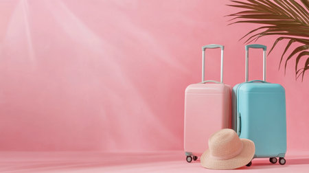 Bright and playful travel scene featuring pink and blue suitcases beside a straw hat, set against a vibrant pink backdrop that evokes summer excitement and adventure.の素材