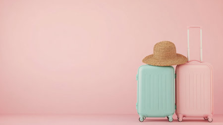 A set of modern pastel suitcases accompanied by a stylish straw hat sits against a soft pink backdrop, evoking a sense of adventure and summer travel inspiration.の素材