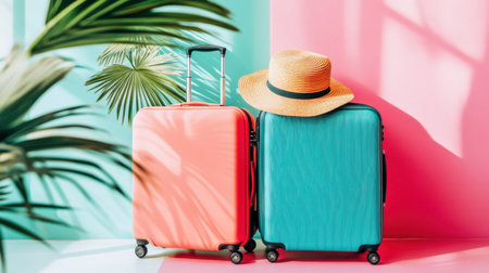 A vibrant and cheerful travel setup featuring colorful luggage and a classic straw hat, perfect for summer vacations and adventures in tropical destinations.の素材