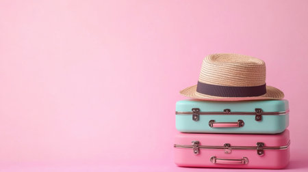 A cheerful composition featuring two vintage suitcases topped with a straw hat against a soft pink background, perfect for capturing the essence of summer travel and adventure.の素材