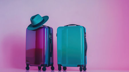 A vibrant display featuring two colorful suitcases paired with a stylish hat, ideal for travel or fashion-themed projects, set against a striking pink and purple backdrop.の素材