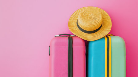 Vibrant and colorful travel luggage with a straw hat on top, creating a cheerful vacation vibe perfect for summer adventures and travel inspiration.の素材