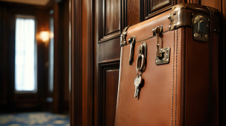 A vintage leather suitcase with keys leans against a polished wooden wall, capturing the essence of travel, elegance, and the timeless charm of luxurious hotel interiors.の素材