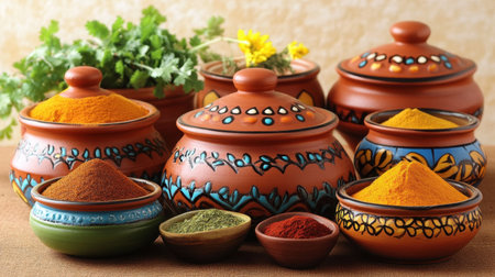 Vibrant collection of spices displayed in traditional terracotta containers, highlighting rich colors and textures ideal for culinary and cultural use in various dishes.の素材