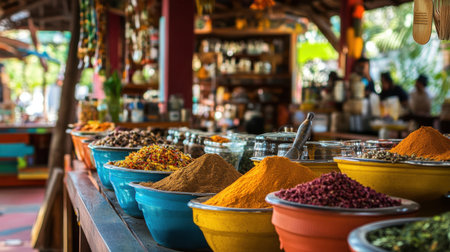 Explore a vibrant market scene showcasing an array of colorful spices in bowls, reflecting the rich culinary traditions and lively atmosphere of a cultural food experience.の素材
