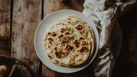 This image showcases freshly baked naan bread on a white plate, highlighting its golden-brown texture against a rustic wooden backdrop for a perfect culinary presentation.の素材