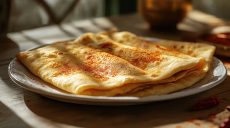 A beautifully arranged plate of warm crepes folded elegantly, enhanced by a dusting of paprika, perfect for a cozy breakfast or brunch setting filled with flavor.の素材
