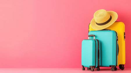 This image showcases colorful luggage and a straw hat against a pink background, perfect for travel inspiration and vacation planning. Ideal for summer themes.の素材