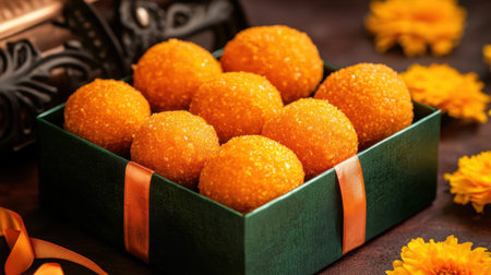 A charming box filled with vibrant orange sweets, accented by beautiful flowers, perfect for festive celebrations and creating memorable moments with loved ones.の素材