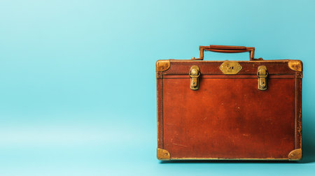 A vintage leather suitcase with a classic design stands elegantly against a bright blue background, ideal for travel-themed projects or retro photography.の素材