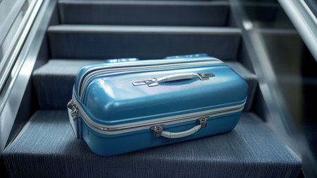 A stylish blue hard shell suitcase placed on a modern staircase, perfect for showcasing travel themes and promoting adventure-ready gear in contemporary settings.の素材