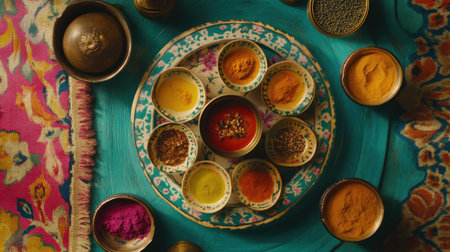 A stunning display of spices and condiments arranged in elegant bowls on a bright and colorful cloth, showcasing the richness and diversity of culinary culture. Perfect for kitchen decor or food photography.の素材