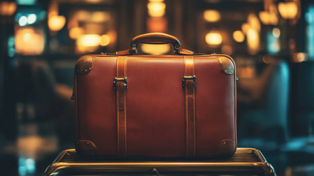 A stylish vintage leather suitcase sits elegantly on a dark surface, surrounded by a cozy, ambient environment that invites thoughts of travel and adventure.の素材