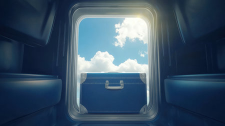 An inviting perspective from inside a blue storage box, revealing a bright sky filled with clouds, symbolizing freedom and exploration. Ideal for themes of adventure.の素材