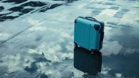 A vibrant turquoise suitcase stands alone on a reflective wet surface, embodying the spirit of travel and adventure, inviting wanderers to explore the world.の素材
