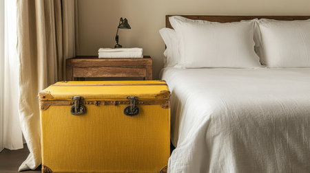 A charming bedroom featuring a vintage yellow trunk beside a neatly made bed with white linens, accented by a wooden nightstand and lamp, perfect for relaxation and travel-inspired decor.の素材