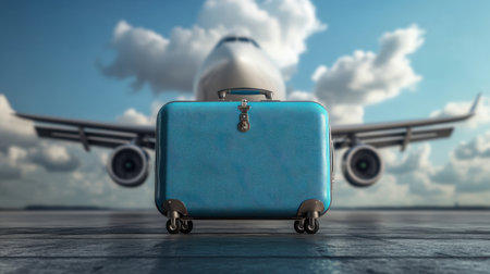 A vibrant blue suitcase sits on the tarmac in front of an airplane, capturing the essence of air travel. Perfect for themes of adventure and wanderlust.の素材