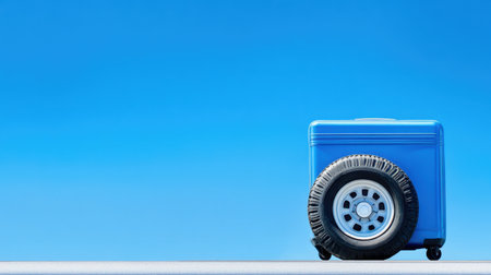 A vibrant blue cooler with a sturdy wheel sits against a clear blue sky, ideal for outdoor adventures, picnics, and summer gatherings. Perfect for travel and transport.の素材