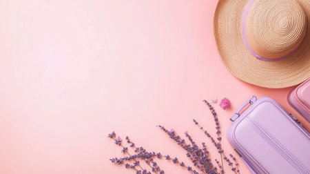 A vibrant travel flat lay showcasing stylish pastel luggage, a sun hat, and lavender flowers on a soft pink background, perfect for summer getaway inspiration and travel plans.の素材