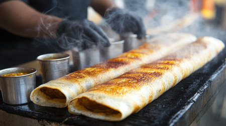 A captivating image featuring two freshly made dosas sizzling on a griddle, accompanied by vibrant sauces, showcasing the rich heritage of Indian street food culture.の素材