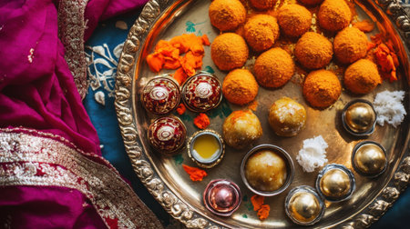 Delightful assortment of traditional Indian sweets presented on a decorative plate, surrounded by vibrant flowers, perfect for festivals and cultural celebrations.の素材
