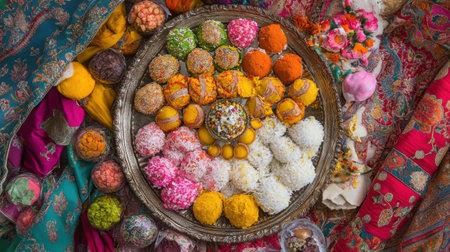 Richly decorated silver platter features an array of traditional Indian sweets, showcasing vibrant colors and intricate designs, embodying festive joy and cultural celebration.の素材