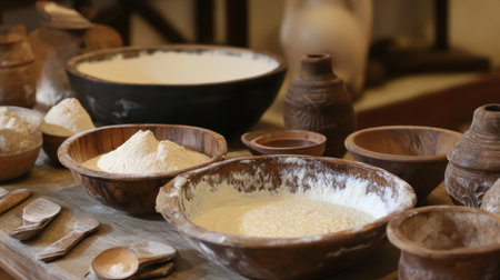 Discover a captivating scene featuring a variety of flour types in beautiful bowls surrounded by rustic kitchen utensils, ideal for culinary inspiration and vintage aesthetics.の素材