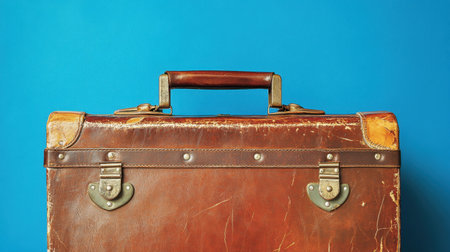 This image features a vintage leather suitcase against a bright blue background, encapsulating nostalgia and travel while showcasing its classic design and timeworn beauty.の素材