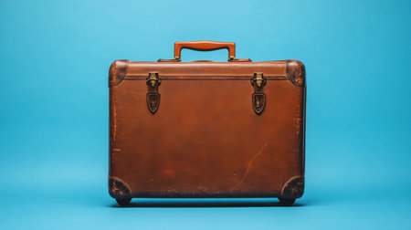 A vintage brown leather suitcase rests against a vibrant blue background, showcasing its timeless design and classic appeal, perfect for travel-themed projects and retro aesthetics.の素材