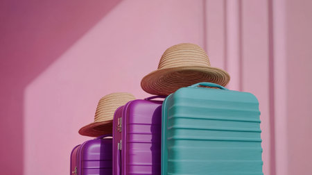 Vibrant luggage in shades of purple and teal paired with straw hats, set against a playful pink backdrop, capturing the essence of travel excitement and summer adventures.の素材