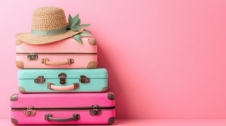 Capture the essence of travel with this charming arrangement of vintage suitcases topped with a stylish straw hat, set against a vibrant pink background, perfect for vacation themes.の素材