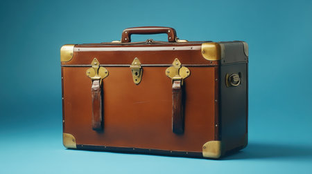 A vintage leather suitcase showcasing brass accents against a solid blue background, perfect for evoking nostalgia and enhancing travel-themed images for lifestyle photography.の素材