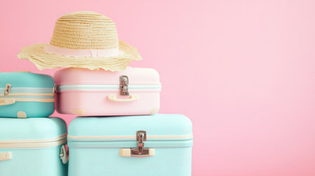 A charming arrangement of pastel-colored vintage suitcases topped with a stylish straw hat against a soft pink backdrop, perfect for evoking travel dreams and summer adventures.の素材