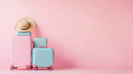 Stylish travel luggage and a wide-brimmed hat on a pink background create a cheerful vacation vibe, perfect for summer journeys or travel-themed projects and promotions.の素材
