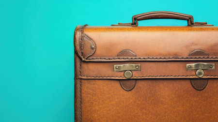 A close-up of a vintage brown leather suitcase set against a vibrant turquoise background, ideal for showcasing travel themes, adventures, or stylish luggage design.の素材