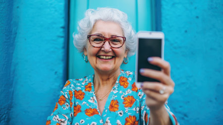An elderly woman joyfully takes a selfie with her smartphone, showcasing her vibrant personality against a striking blue backdrop, blending modern technology with classic charm.の素材