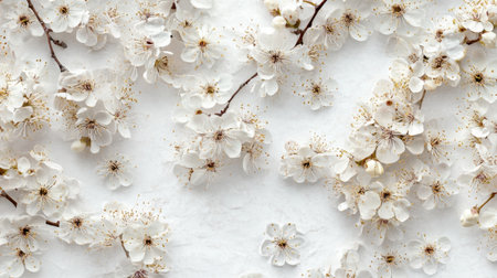 A beautiful arrangement of delicate white cherry blossom petals on a soft white background, highlighting the elegance and tranquility of spring nature scenes for various creative projects.の素材