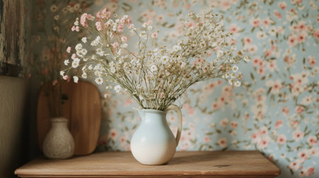 A beautiful floral arrangement in a vintage pitcher exudes charm, set against a soft pastel background, creating a tranquil and cozy interior vibe that's perfect for home decor.の素材