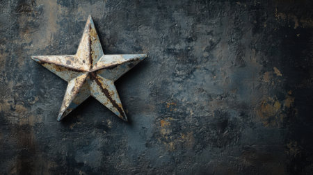 A rustic five-pointed star decoration is mounted on a textured dark background, embodying vintage charm and a weathered aesthetic ideal for home decor and artistic designs.の素材