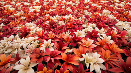 A breathtaking field of vibrant flowers showcases a stunning blend of red and white blooms, emphasizing the beauty and diversity of nature in full blossom.の素材