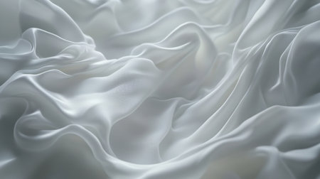 Elegant white satin fabric flows gracefully, showcasing smooth texture and refined light reflections. Ideal for fashion, textile design, and creative artistic backgrounds.の素材