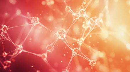 Vibrant abstract visualization of molecular structures with a warm gradient background and sparkling particles, perfect for themes in science, technology, and education.の素材