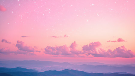 An enchanting view of a dusk sky filled with soft pink and purple hues above a mountain range, creating a tranquil atmosphere perfect for relaxation and reflection.の素材