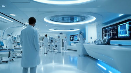 A futuristic intensive care unit showcases medical personnel engaged with advanced equipment, emphasizing technology's role in enhancing patient care and wellbeing in healthcare settings.の素材