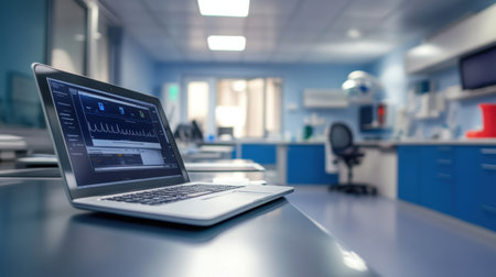 A contemporary laboratory workspace showcasing a laptop with an open software interface, emphasizing advanced technology in a clean and organized environment, ideal for research.の素材