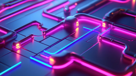 An eye-catching abstract design featuring neon pipes in pink and blue illuminating a dark surface, perfect for technology-themed projects and futuristic art.の素材